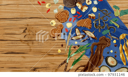 Chinese herbal medicine handwritten watercolor style illustration arranged on the table 97931146