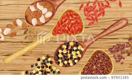 木勺上的中草藥手繪水彩風格插圖 97931165