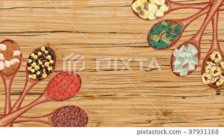 Chinese herbal medicine hand drawn watercolor style illustration on a wooden spoon 97931168