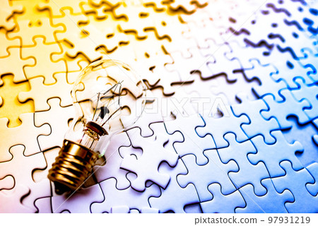 Sparking ideas Background texture of light bulbs and disjointed jigsaw puzzles Strategies Bright and dark rainbow colors 97931219
