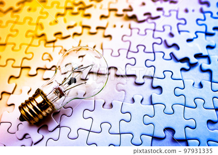 Sparking ideas Background texture of light bulbs and disjointed jigsaw puzzles Strategies Bright and dark rainbow colors 97931335