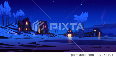 Winter mountain night landscape with chalet houses 97932493