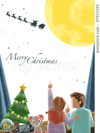 children finding santa claus through the window hand drawn watercolor style illustration 97933295