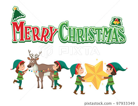 Merry Christmas text with elves cartoon character 97933349