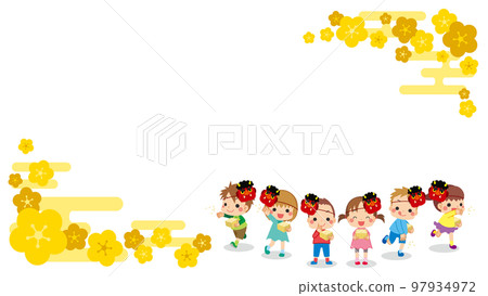 Cute little children throwing beans Setsubun frame copy space template white background Cute little children throwing beans Setsubun frame copy space template white background 97934972
