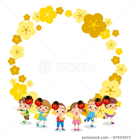Cute little children throwing beans Setsubun frame copy space template white background Cute little children throwing beans Setsubun frame copy space template white background 97934973
