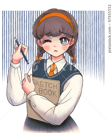 Cute girl cartoon style illustration, student sketching while worrying Cute girl cartoon style illustration, student sketching while worrying 97935552