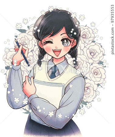 復古少女漫畫風格整潔漂亮的女學生拿著紙和鉛筆 復古少女漫畫風格整潔漂亮的女學生拿著紙和鉛筆 97935553