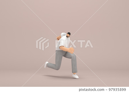 The man with beard wearinggray corduroy pants and white collar t-shirt.  He is running. 3d rendering of cartoon character in acting. 97935899
