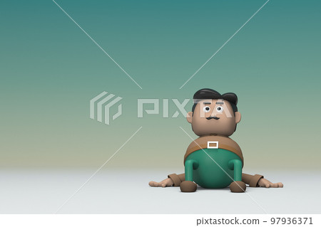 The man  with mustache wearing a brown long shirt green pants.  He is sit down. 3d rendering of cartoon character in acting. 97936371