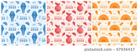 Set of Chinese Lunar New Year 2023 Day Seamless Pattern Decoration Template Hand Drawn Cartoon Flat Illustration Set of Chinese Lunar New Year 2023 Day Seamless Pattern Decoration Template Hand Drawn Cartoon Flat Illustration 97936437