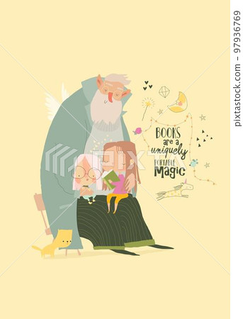 Illustration of Cartoon Grandfather With Kids Reading Book 97936769