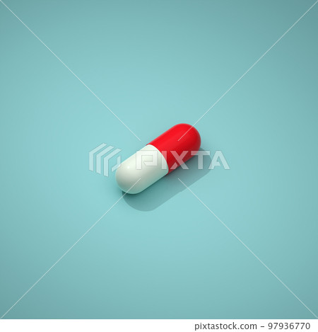 Pill with a white and red part on a blue background. Capsule lying on a blue background, 3d render, 3d illustration Pill with a white and red part on a blue background. Capsule lying on a blue background, 3d render, 3d illustration 97936770