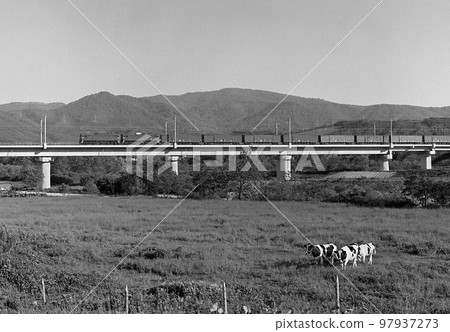 A Hokkaido freight train running on the Tsugaru Kaikyo Line 97937273