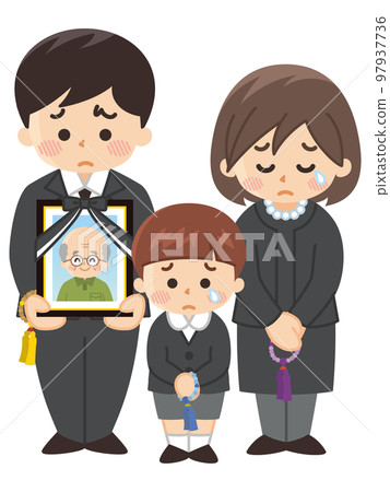 Bereaved family grieving at grandfather's funeral 97937736