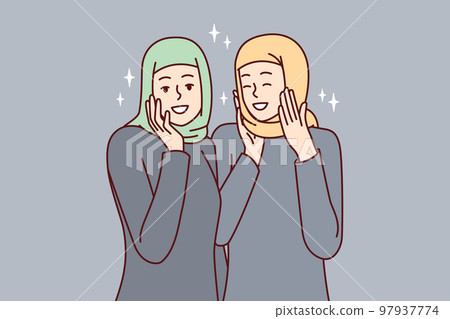 Happy ethnic muslim women with arabian or islamic headscarves covering hair. Vector image 97937774