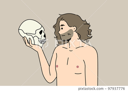 Neanderthal man with ancestor skull in hands  97937776
