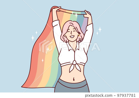 Happy woman waving rainbow flag while speaking at event for LGBT and sexual minorities. Vector image 97937781