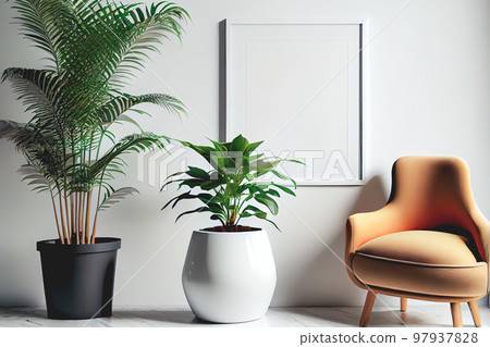 Mockup of empty frame displayed inside room interior with white wall background and plant pot nearby 97937828