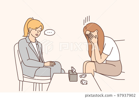 Unhappy woman cry at session with psychologist Unhappy woman cry at session with psychologist 97937902