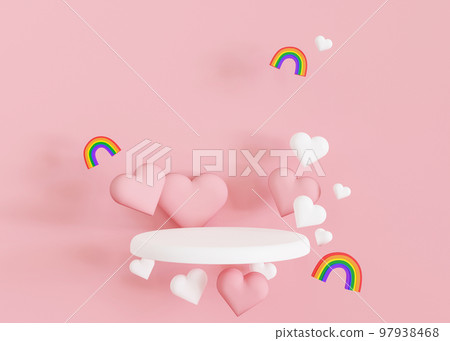 Podium with hearts and rainbows flying in the air. Valentine's Day. Podium for product, cosmetic presentation. Mock up. Pedestal or platform for beauty products. LGBT, love, diversity. 3D render. Podium with hearts and rainbows flying in the air. Valentine's Day. Podium for product, cosmetic presentation. Mock up. Pedestal or platform for beauty products. LGBT, love, diversity. 3D render. 97938468