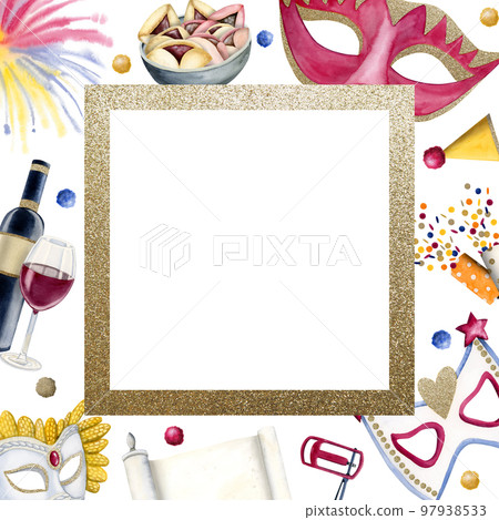 Square Purim frame design template for Jewish holiday. Traditional symbols and food. Hand drawn watercolor illustration 97938533