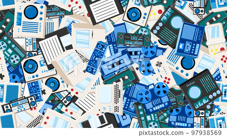 Seamless pattern endless with tech electronics equipment old retro vintage hipster from 70s, 80s, 90s isolated on white background. Vector illustration 97938569
