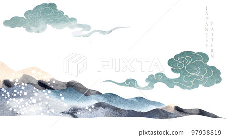 Abstract art with geometric pattern vector. Mountain forest landscape design with blue and black watercolor texture. Natural background with Chinese cloud elements 97938819