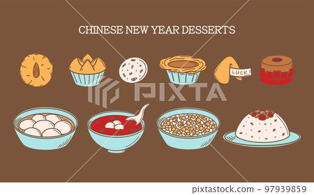 CNY celebration, Chinese New Year Desserts vector illustration in doodle style. 97939859