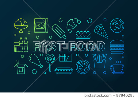 Fast food colored horizontal banner. Vector outline illustration Fast food colored horizontal banner. Vector outline illustration 97940293