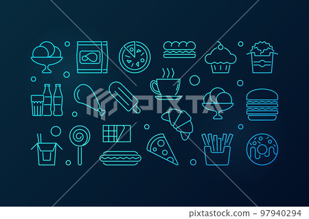 Fast food blue horizontal illustration. Vector linear banner Fast food blue horizontal illustration. Vector linear banner 97940294