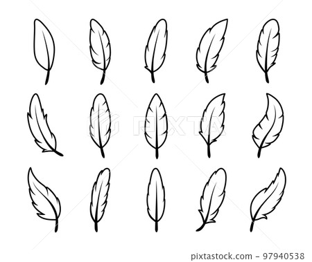 Vector Fluffy Feather Silhouette Icon Set Isolated. Design Template of Flamingo, Angel, Bird Feathers. Lightness, Freedom Concept Vector Fluffy Feather Silhouette Icon Set Isolated. Design Template of Flamingo, Angel, Bird Feathers. Lightness, Freedom Concept 97940538