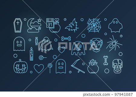 Halloween horizontal vector blue line illustration or banner 97941087