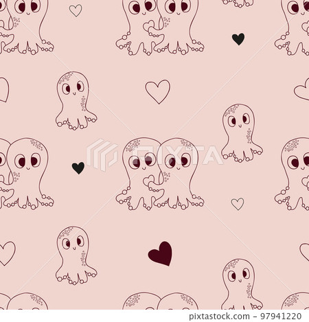 Romantic seamless pattern. Cute octopuses on light pink background with hearts. Vector illustration in doodle style. Endless background for valentines, wallpapers, packaging, print. 97941220