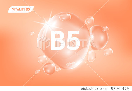 Serum collagen vitamin B5, Orange drop water. Vitamin complex with Chemical formula from nature. Beauty treatment nutrition skin care design.  97941479