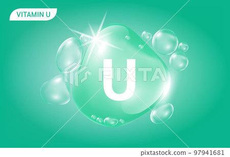 Serum collagen vitamin U, Green drop water. Vitamin complex with Chemical formula from nature. Beauty treatment nutrition skin care design. Medical and scientific concepts. 97941681