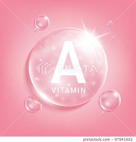 Vitamin A pink drop water. Vitamins complex serum collagen. Beauty treatment skincare. Medical concepts. 3D Realistic Vector EPS10. 97941682