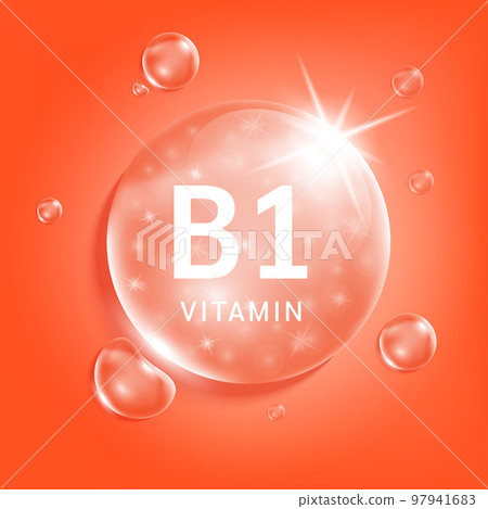 Vitamin B1 orange drop water. Vitamins complex serum collagen. Beauty treatment skincare. Medical concepts. 3D Realistic Vector EPS10. 97941683