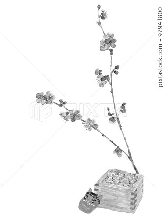 Setsubun image Monotone [Ink painting style watercolor painting] Red plum Setsubun beans Red demon White background Transparent background Copy space 97941800