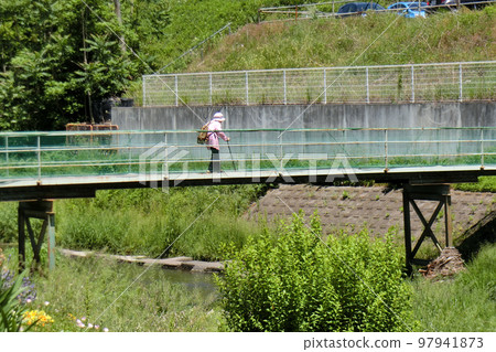 一個女人拄著拐杖過橋 97941873