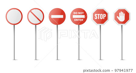 Vector White and Red Glossy Prohibition Stop Signs - Warning, Danger Sign Frame Icon Set Isolated. Dangerous Plates Collection. Design Template of Road Sign Vector White and Red Glossy Prohibition Stop Signs - Warning, Danger Sign Frame Icon Set Isolated. Dangerous Plates Collection. Design Template of Road Sign 97941977
