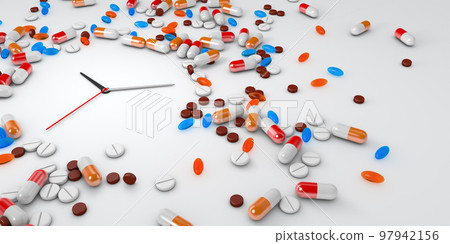 Clock watch, surrounded by hundreds of medication capsules and supplement pills, indicating an overdose of food supplement ingestion - 3d illustration Clock watch, surrounded by hundreds of medication capsules and supplement pills, indicating an overdose of food supplement ingestion - 3d illustration 97942156