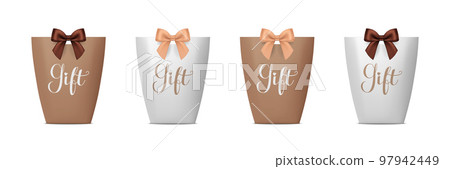 Vector 3d Realistic Brown and White Paper Gift Bag, Box for Birthday or Party with Brown and Beige Silk Bow, Ribbon. Carry Bag for Present Icon Set Isolated on White Background 97942449