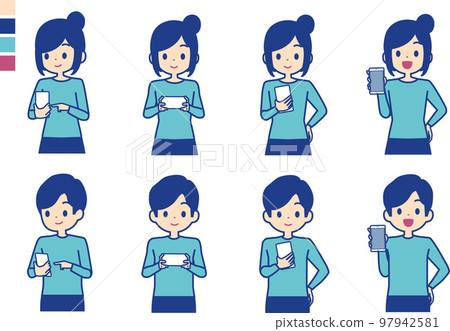 Illustration set of men and women with smartphones Illustration set of men and women with smartphones 97942581
