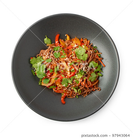 Bowl with asian wok noodles isolated on white 97943064
