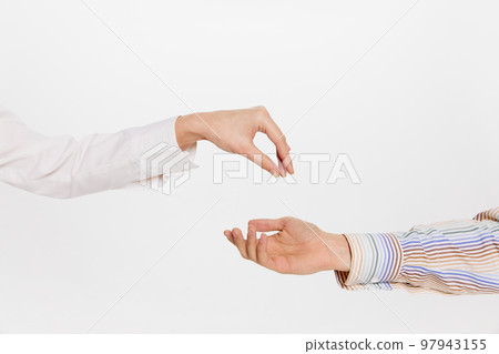 Support hand. Human hands gesturing isolated over white background. Banner with copy space for ad. 97943155