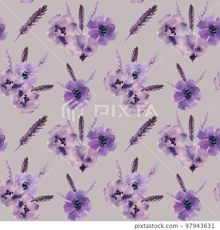 Watercolor purple flowers clipart. Floral clip art. Handmade illustration for greeting cards, wallpaper, stationery, fabric, wedding card. Flower pattern. 97943631