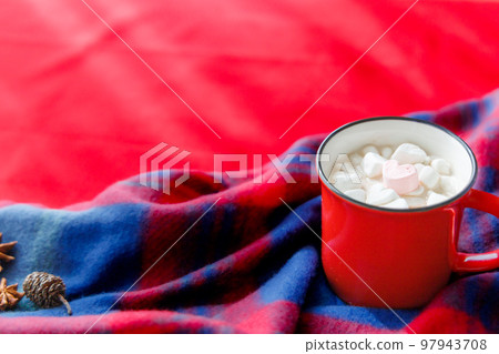 heart marshmallow cocoa bright red plaid background 97943708