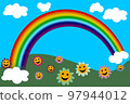 Illustration of a very colorful rainbow in a meadow with flowers drawn. 97944012