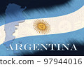 Drawing of the Argentina flag, space for text or images. Official colors. Schematic map of Argentina. 97944016